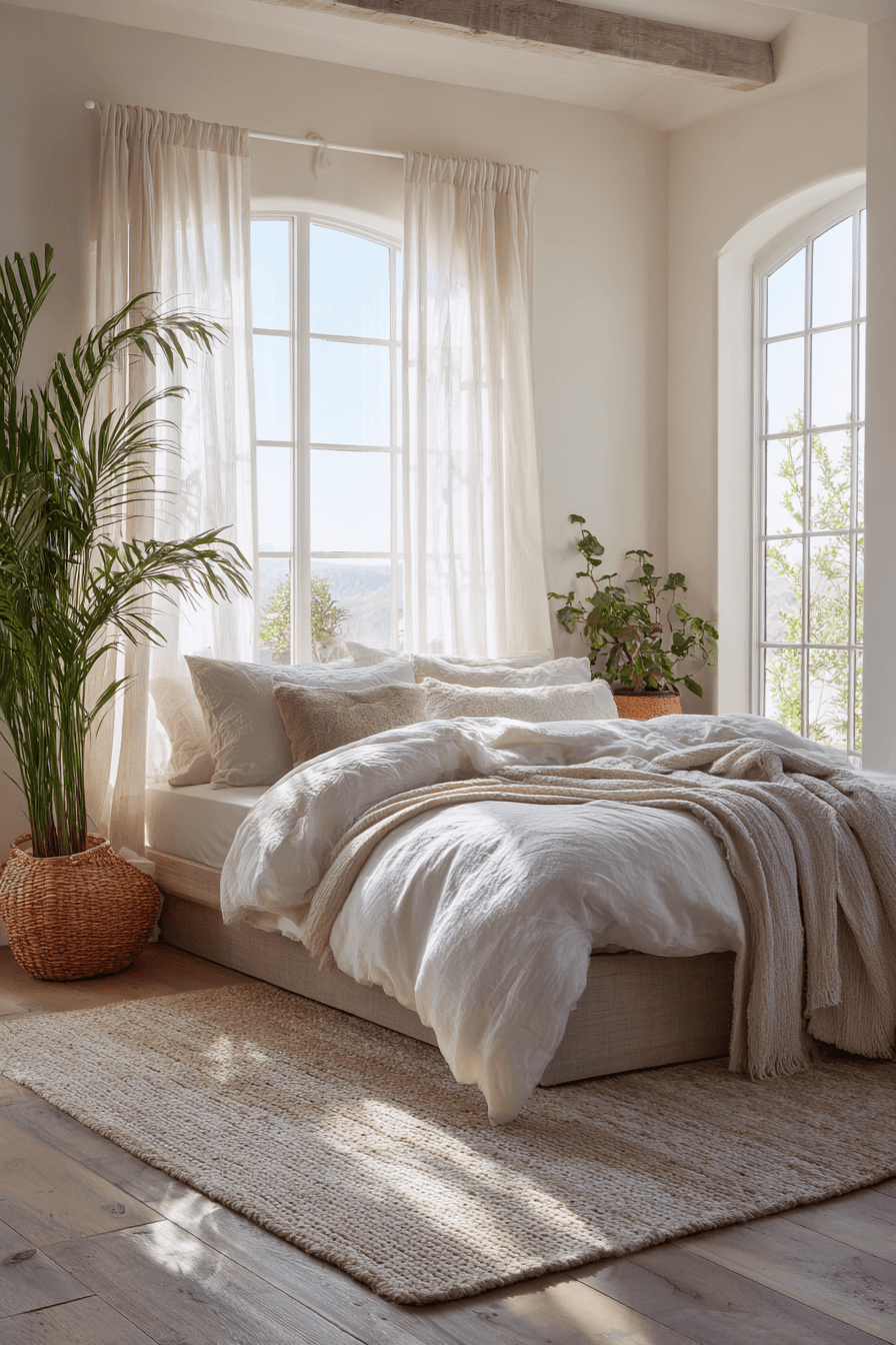 Airy bedroom with natural light, sheer curtains, pale wood, and indoor plants