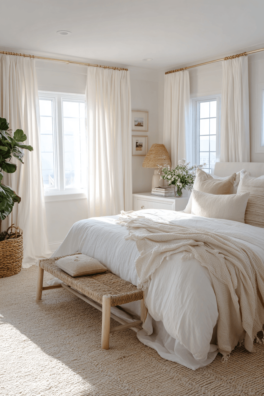 Light and airy beachy bedroom with sheer curtains low furniture and sunlight reflected by a mirror