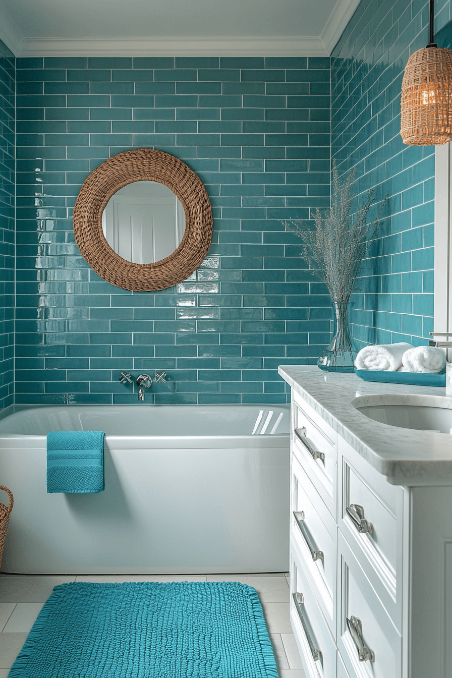 Turquoise ocean bathroom with a bold vanity, white tile, and playful coastal art