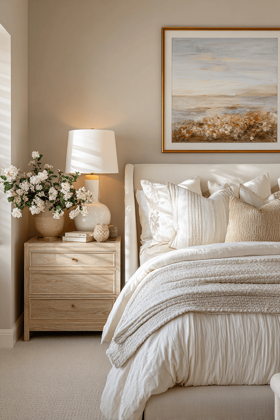 Warm white bedroom with ivory, pearl, and bone layers plus boucle bench and white oak furniture
