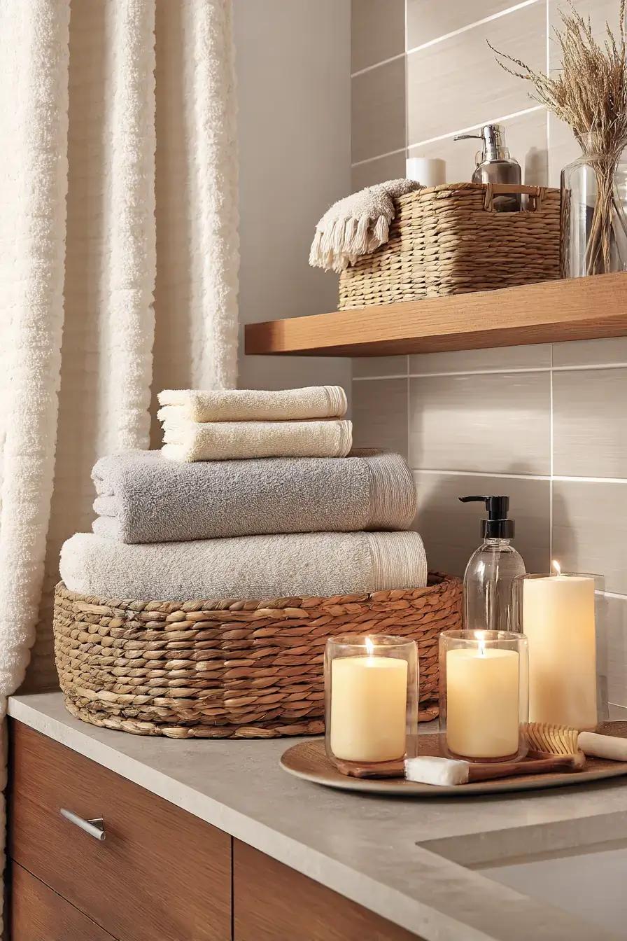 Spa-inspired bathroom with neutral tones, soft towels, and natural textures