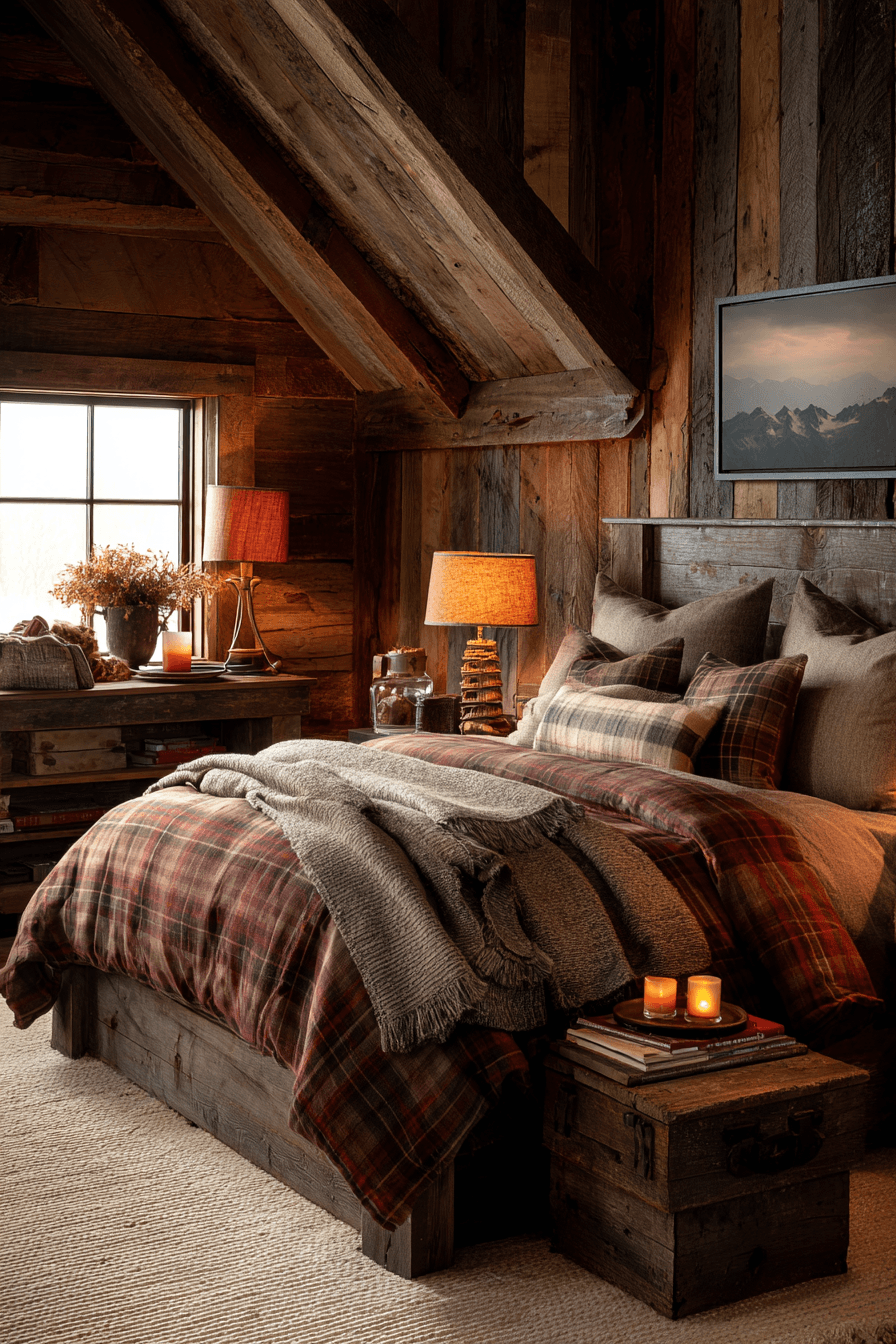 Rustic bedroom with reclaimed wood, plaid bedding, and warm cabin-style details