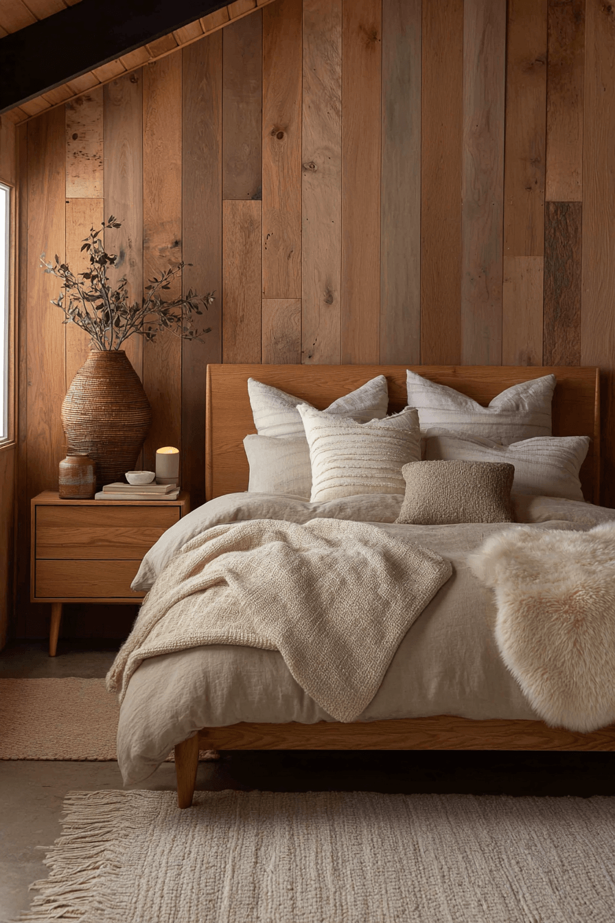 Warm Scandinavian cabin bedroom with wood paneling and cozy bedding