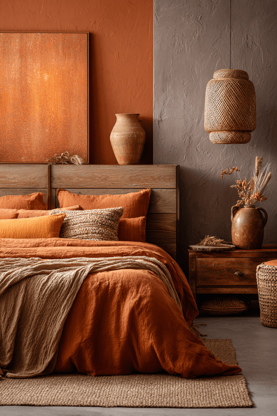 Warm bedroom with terracotta accents, wood furniture, and neutral bedding
