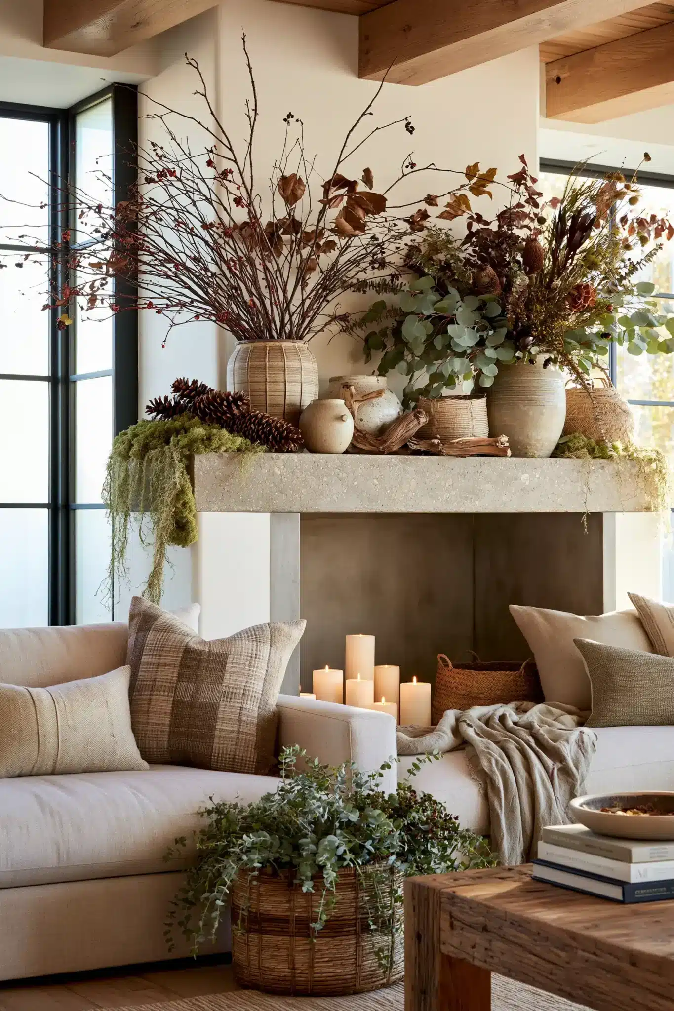 Nature-inspired Thanksgiving mantel with branches, pinecones, berries, and greenery.