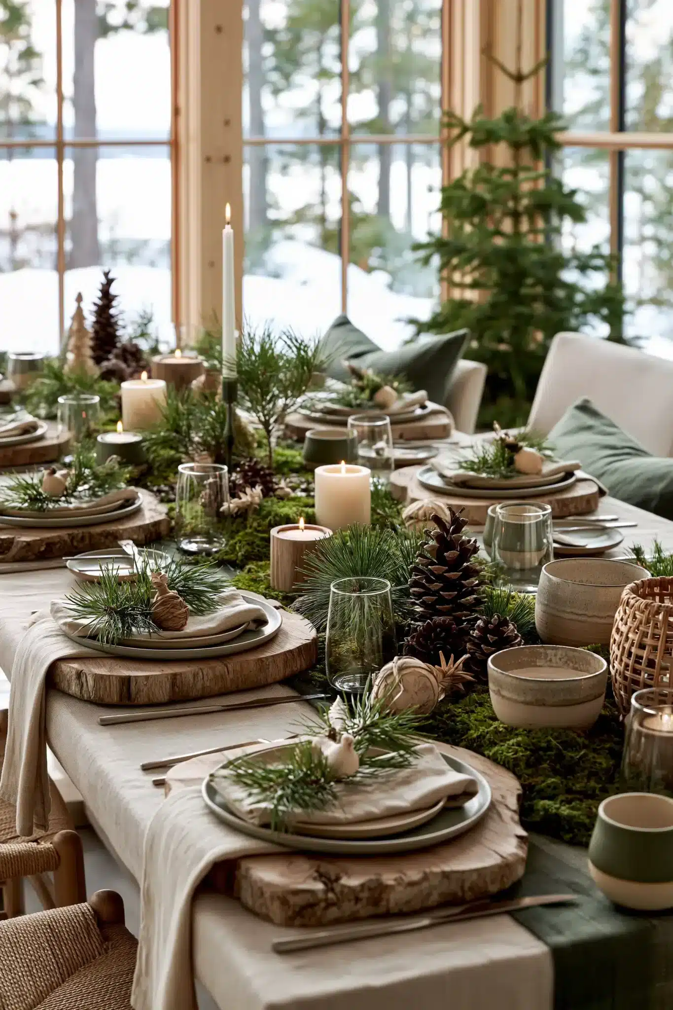 A winter woodland Christmas table with pine branches, wood accents, moss, and glowing candles