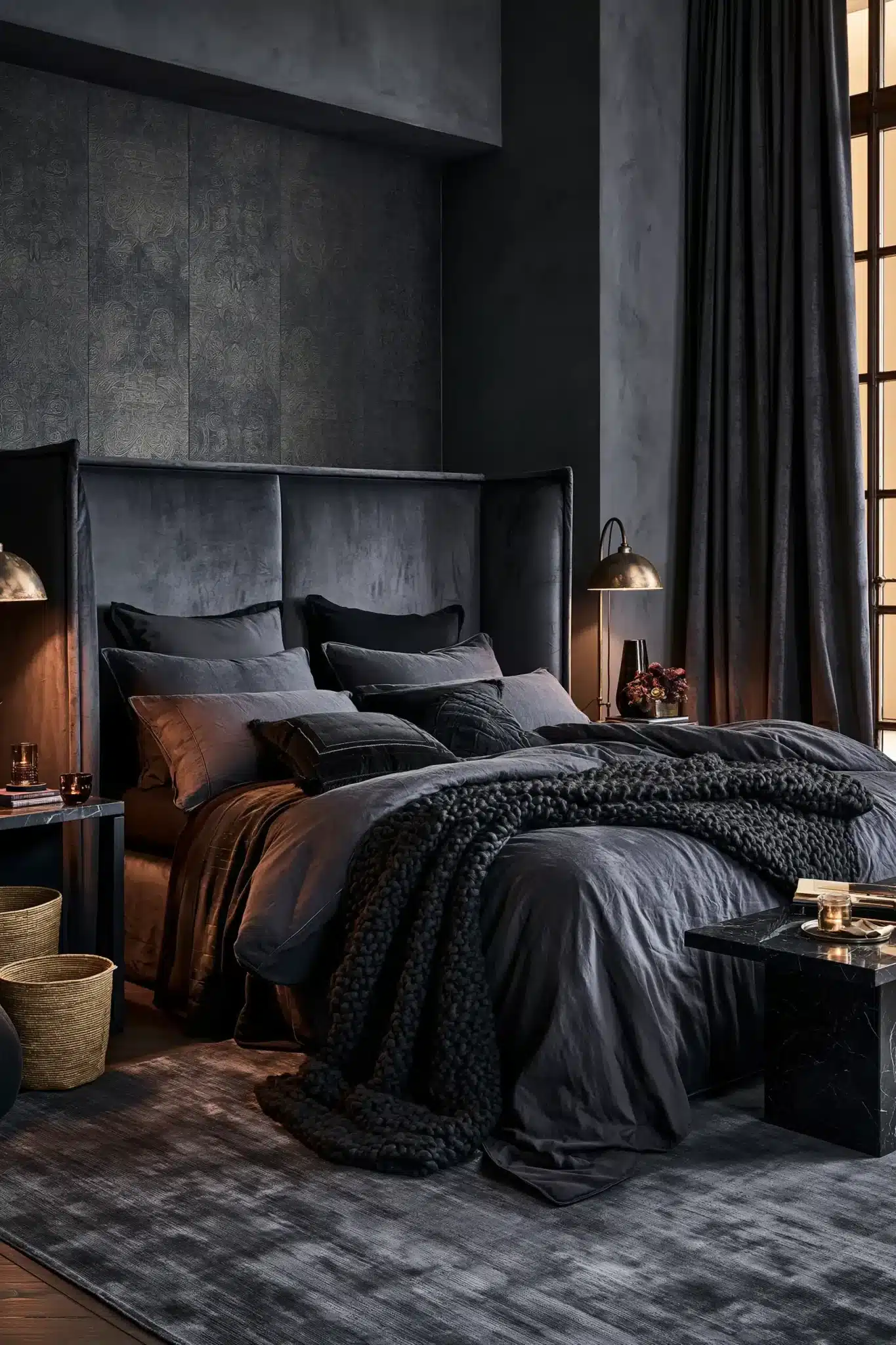 A cozy gothic sleep sanctuary with layered bedding, dark wood, and soft lighting