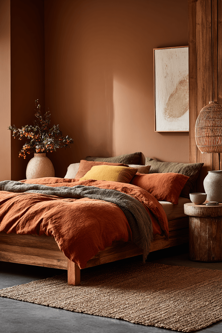 Bedroom decorated with earthy tones, clay accents, and warm natural textures