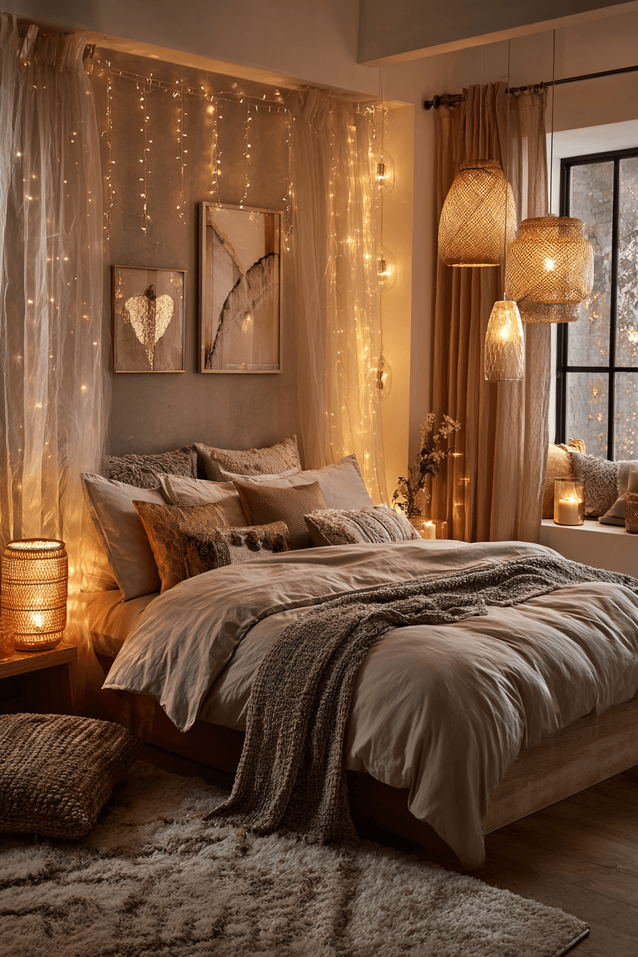 Warm bedroom with layered lighting, soft lamps, and neutral decor