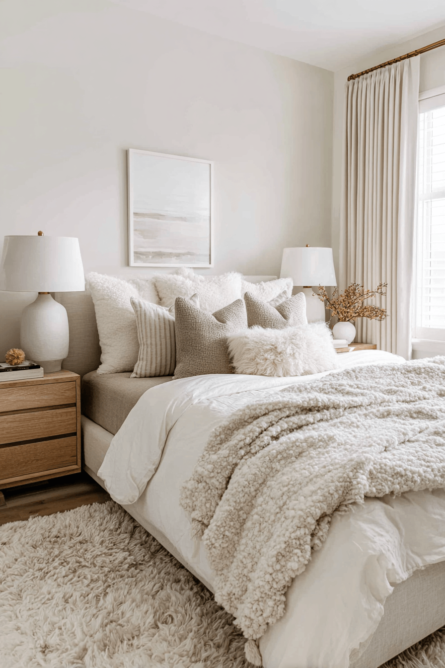 Cozy warm bedroom with neutral bedding, textured layers, and simple decor