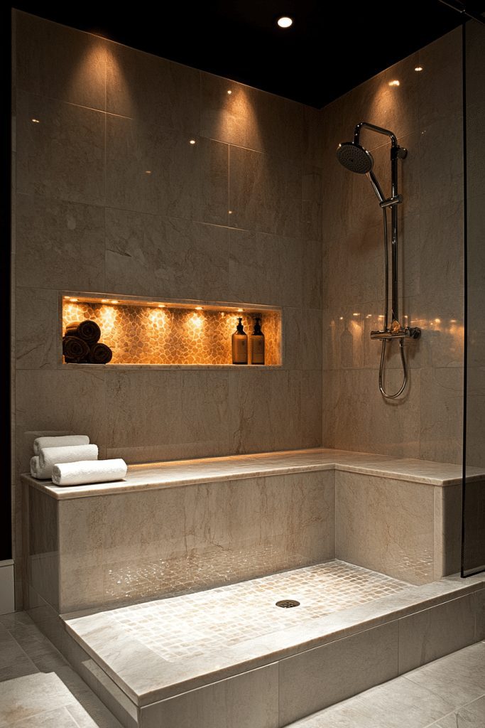 Integrated shower bench inside a small walk-in shower.