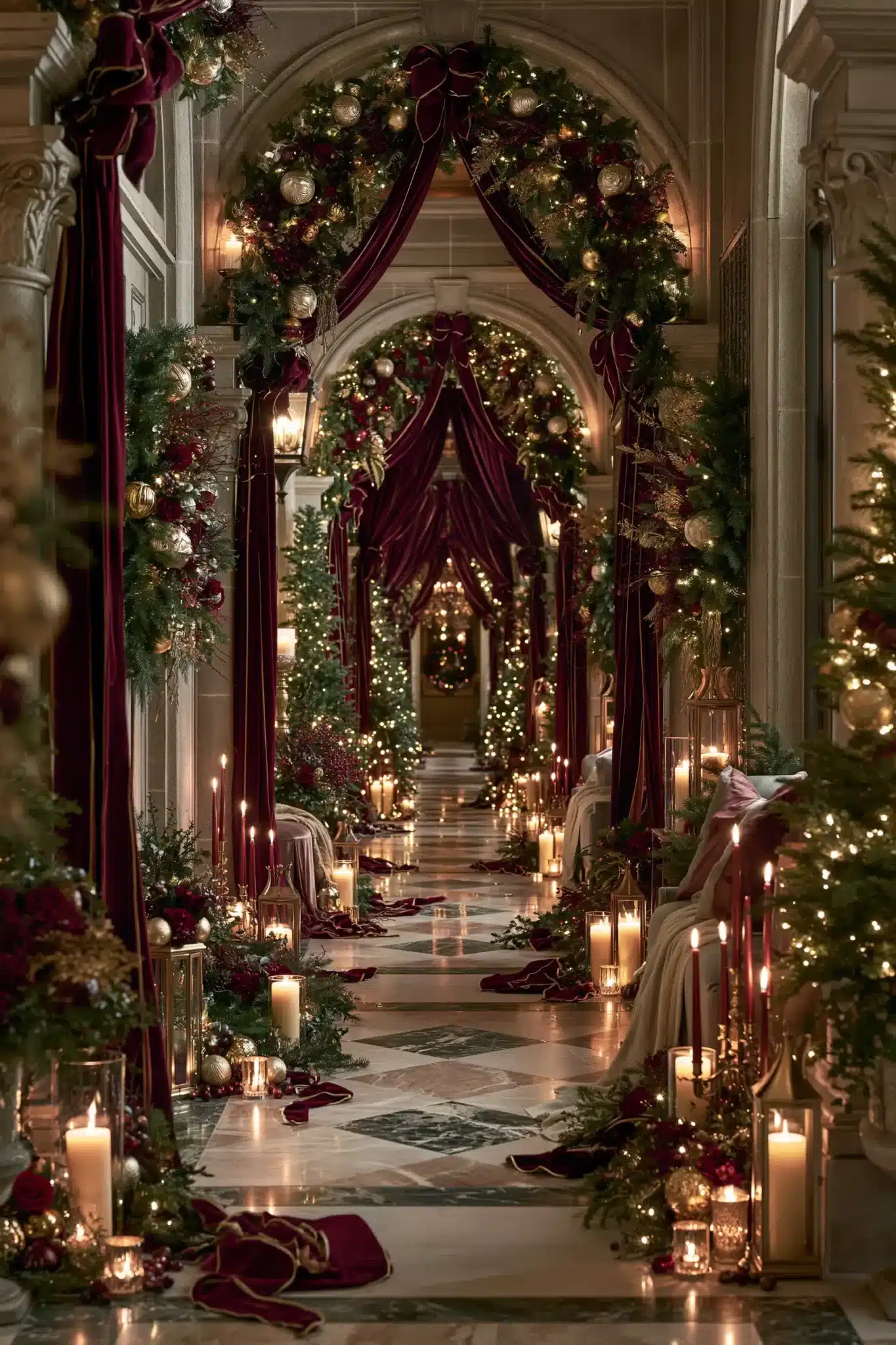 Rich hallway decorated with burgundy, gold, and evergreen Christmas accents