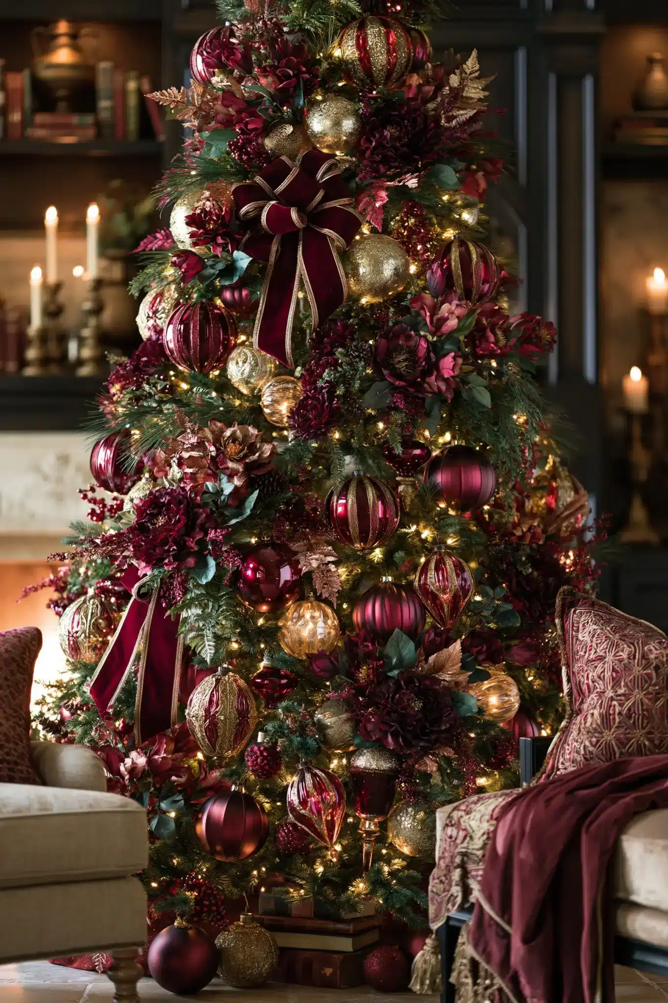 Luxury Christmas tree in burgundy tones with metallic ornaments and velvet ribbon