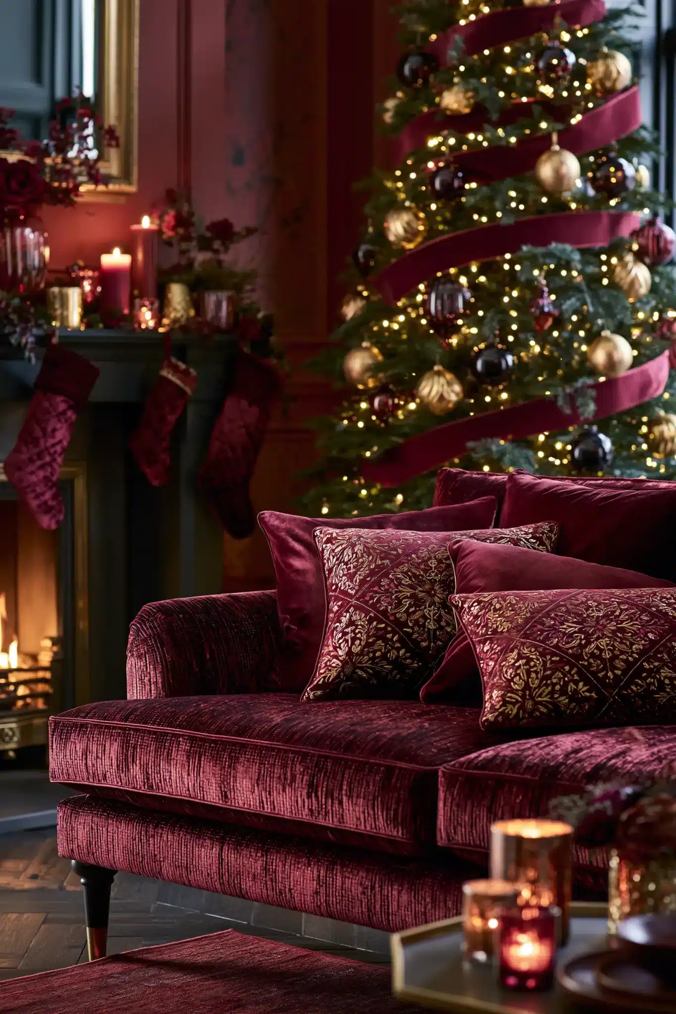 A burgundy velvet moody Christmas decor scheme with dark greenery, walnut wood, and antique gold.