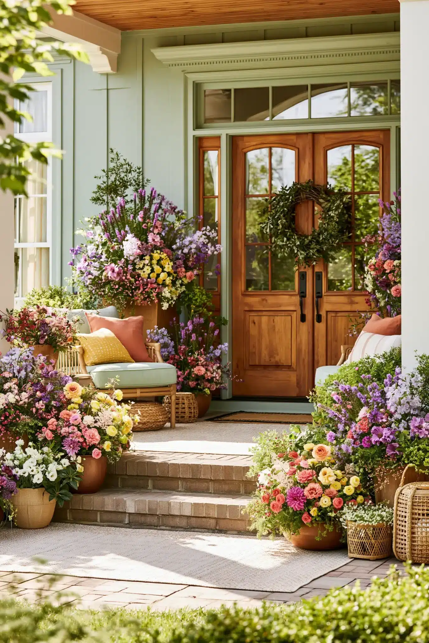 A lively spring porch with butterfly-friendly flowers and layered planters.