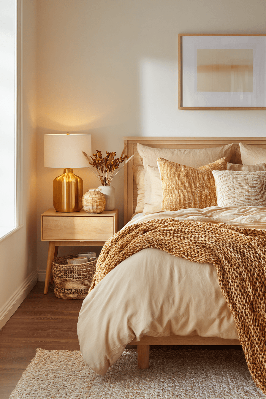 A bedroom with butterscotch textiles, pale birch furniture, and warm light