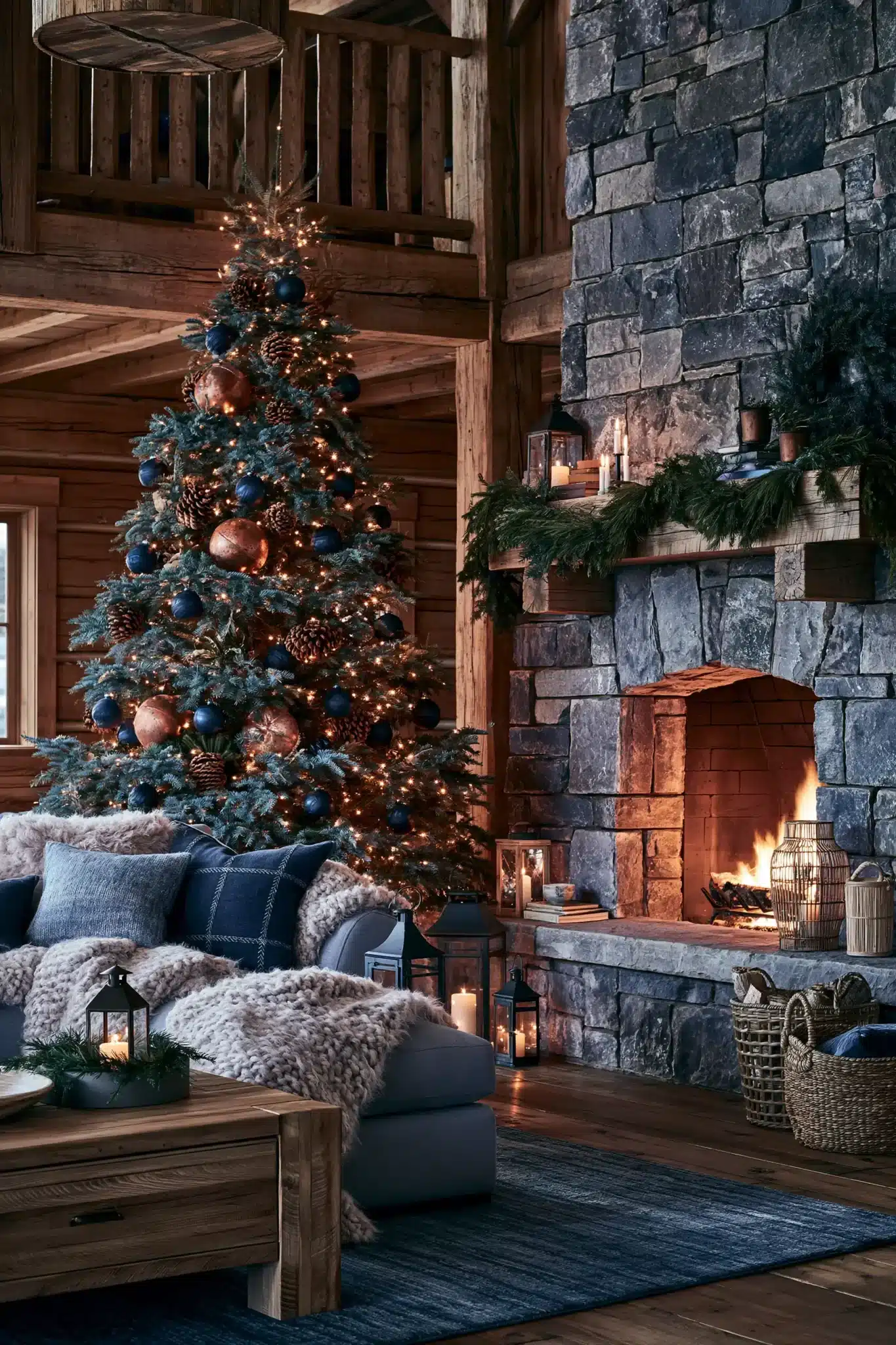 Moody Christmas cabin decor at twilight with deep blue, charcoal, evergreen, and lantern light.