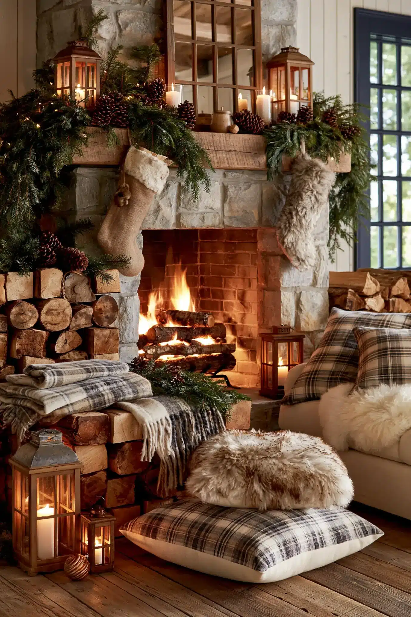 A cabin-style Christmas hearth with plaid blankets, wood, and warm lighting.