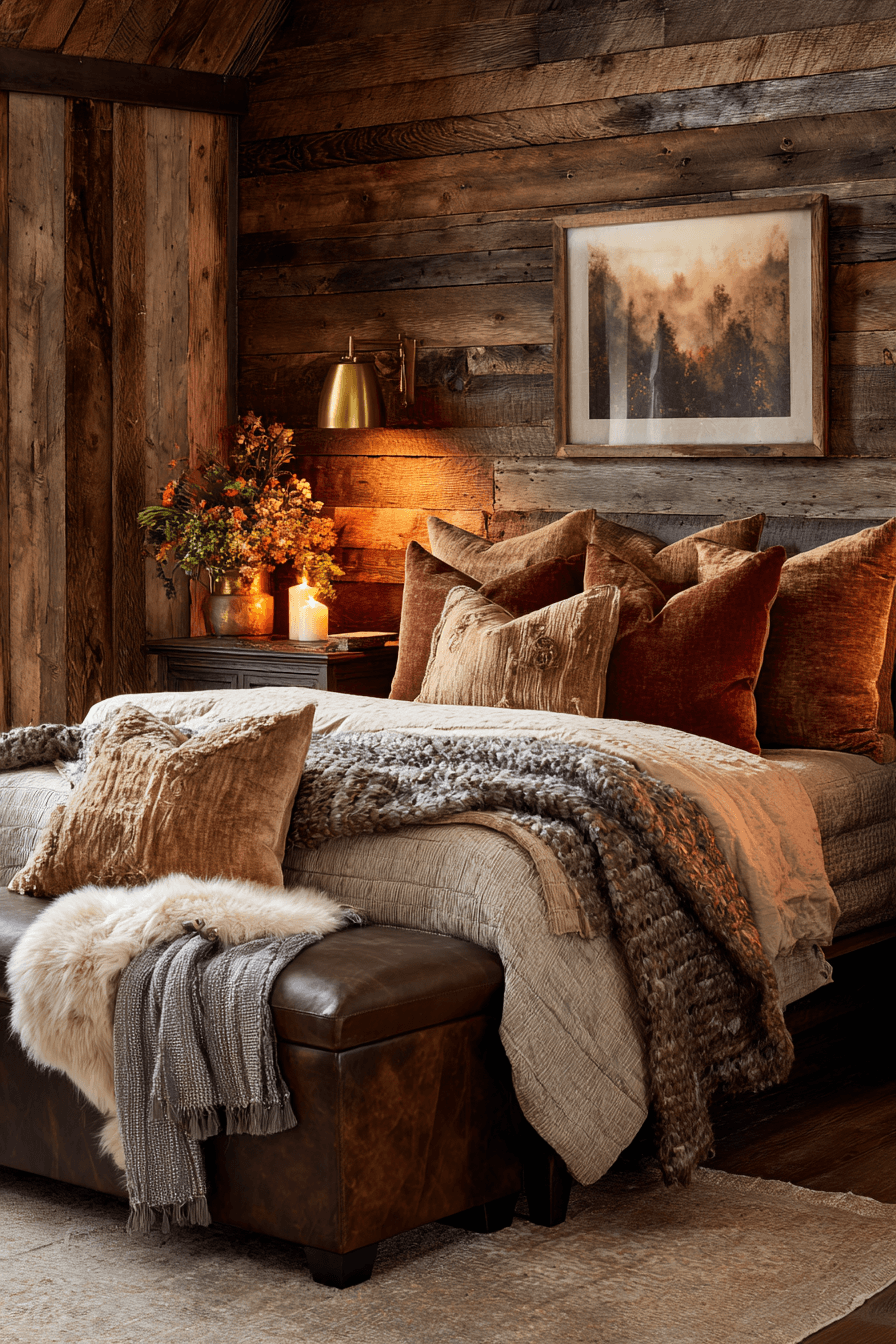 A rustic-luxe bedroom with a wood headboard, velvet pillows, and warm brass lighting.