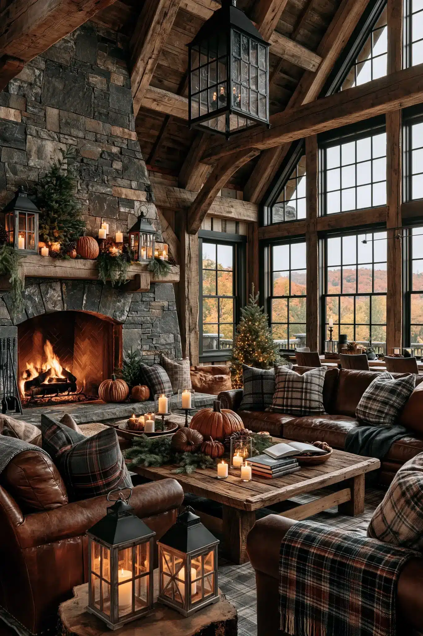 Cozy cabin Thanksgiving mantel with plaid accents, lanterns, and evergreen touches.