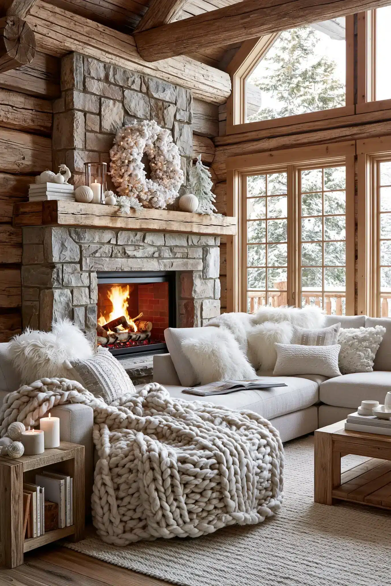 Warm winter cabin with white Christmas decor, wood finishes, fireplace glow, and soft blankets
