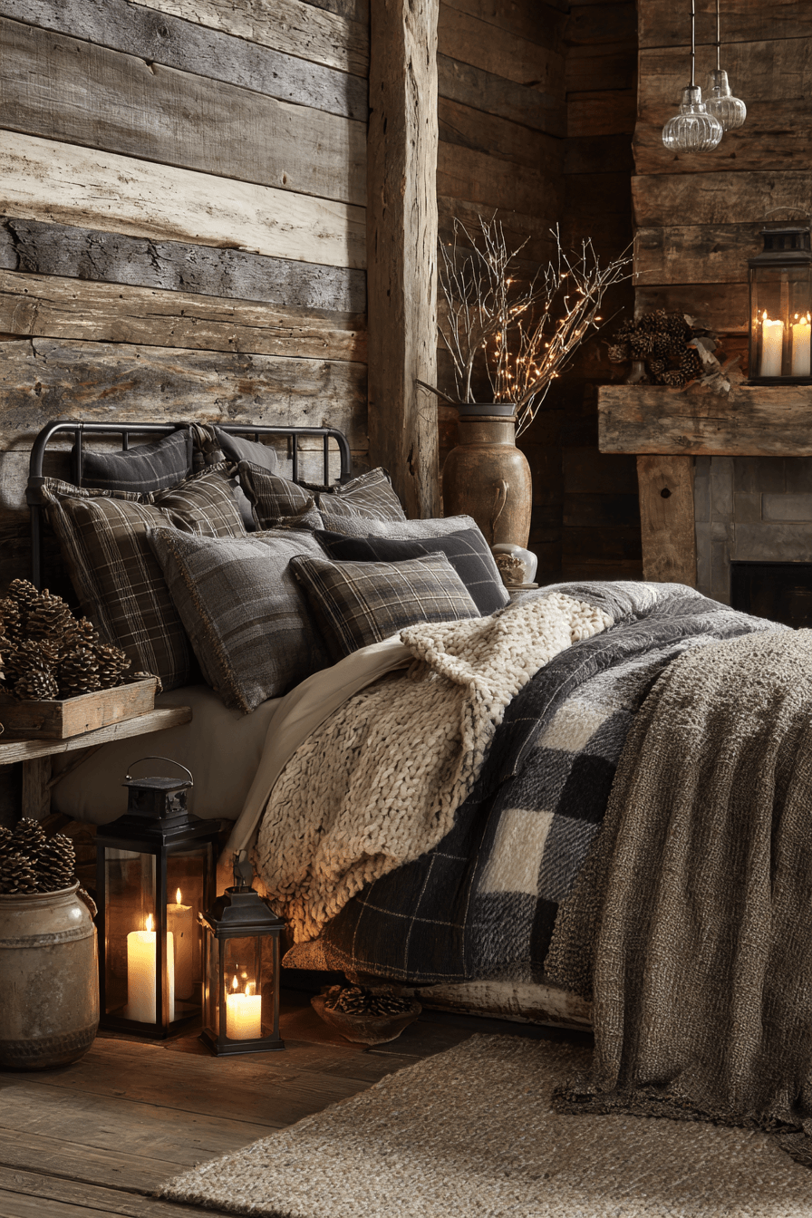 Rustic cabin-style bedroom with weathered wood, warm lighting, and cozy layered textiles