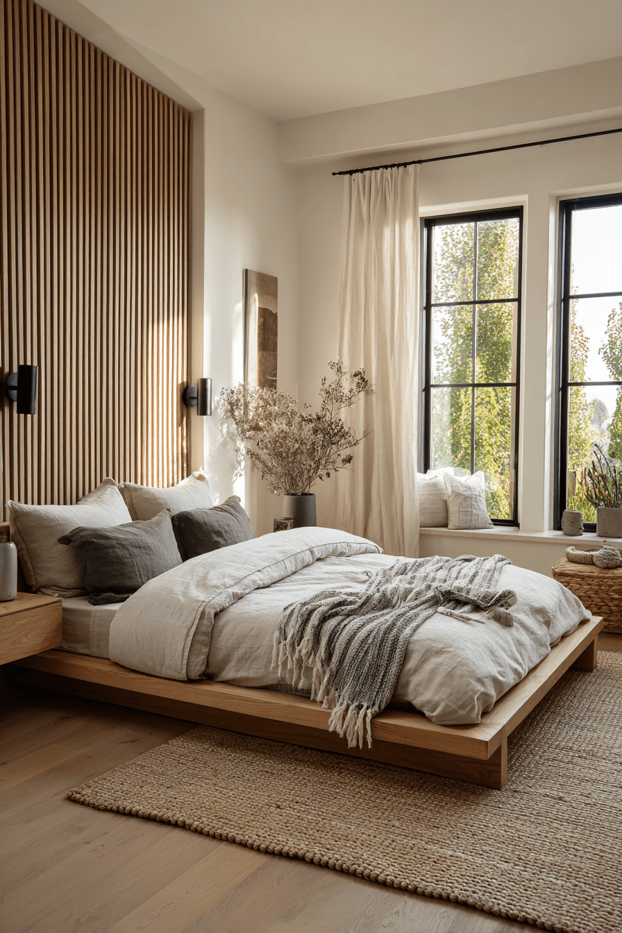 Japandi warm minimalist bedroom with low-profile furniture and natural textures