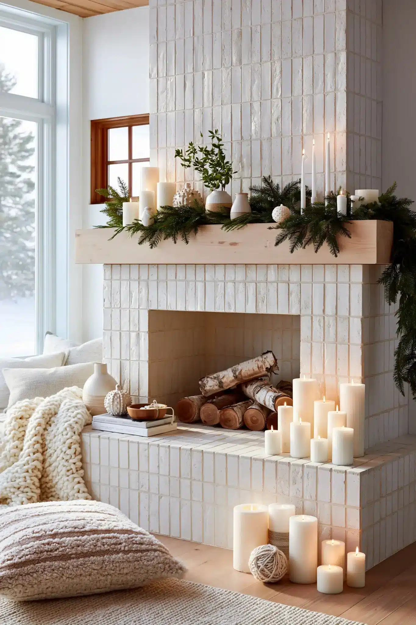Minimal Nordic Christmas mantel with wood accents, greenery, and candlelight