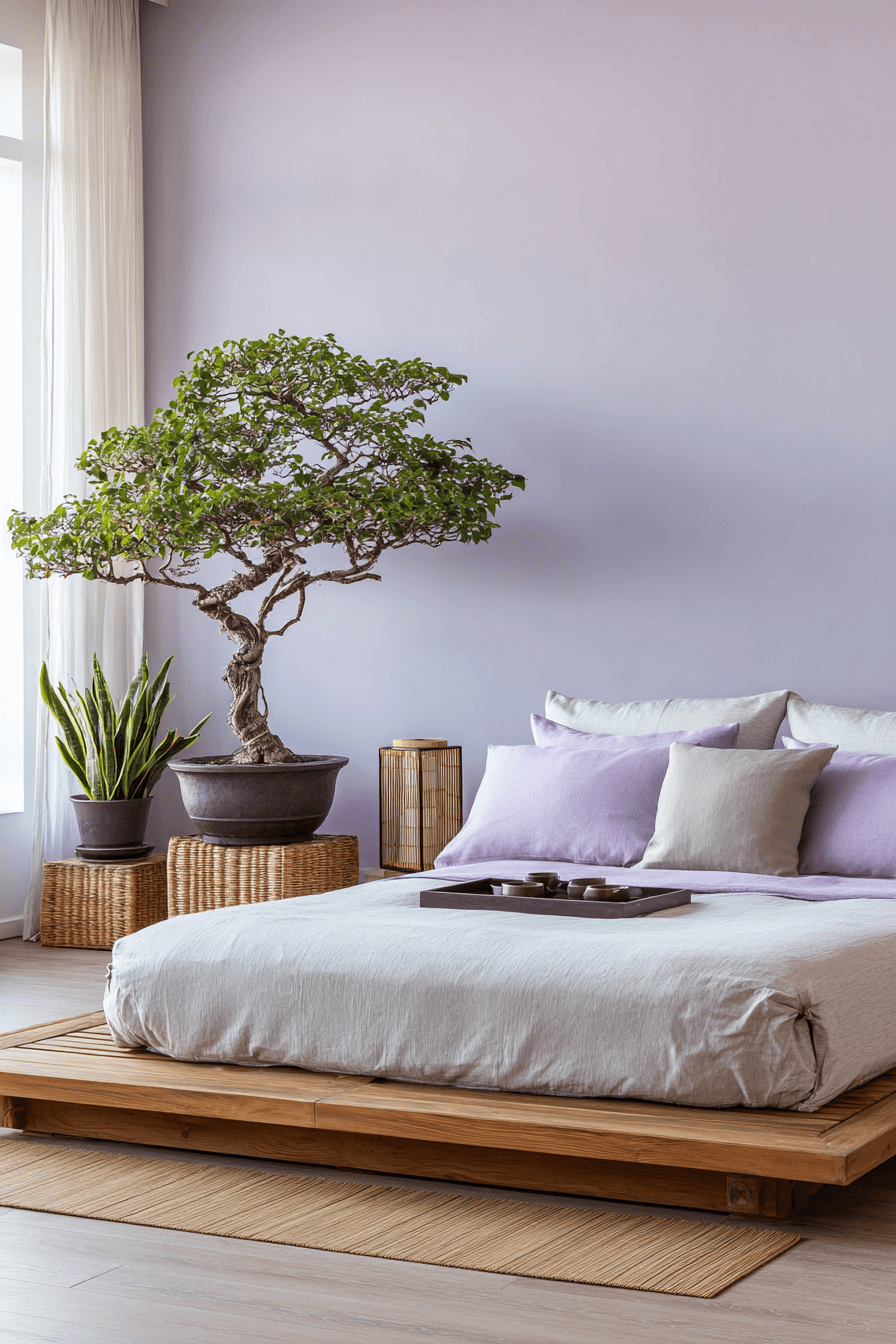 Minimal zen-style purple bedroom with natural materials and soft lighting