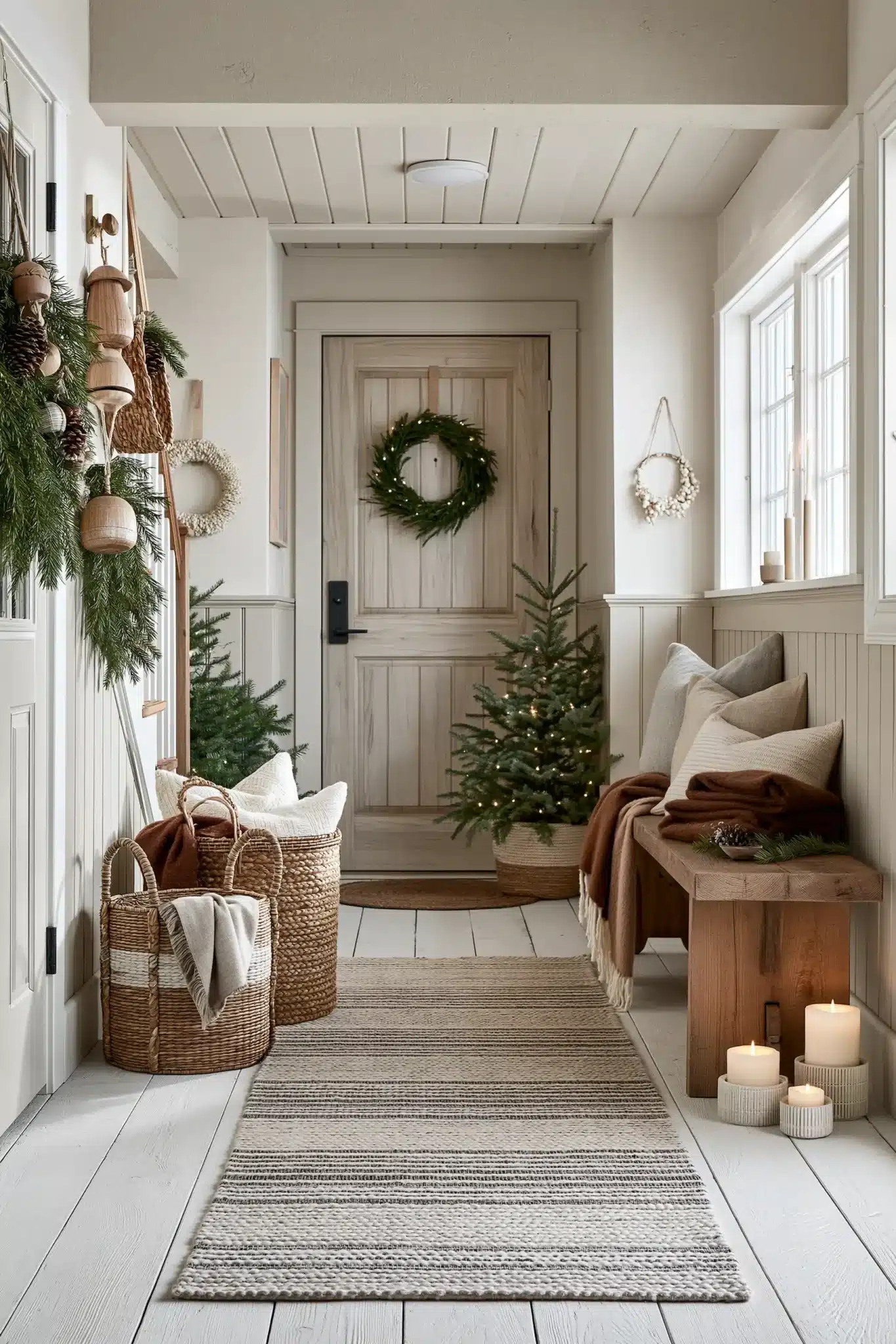 Minimal Scandinavian-style hallway with natural wood, evergreen branches, and soft holiday decor