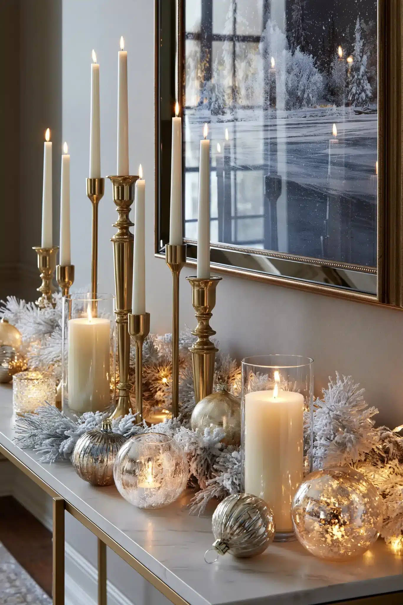 A console table decorated with gold candleholders, white taper candles, garland, and glass ornaments.