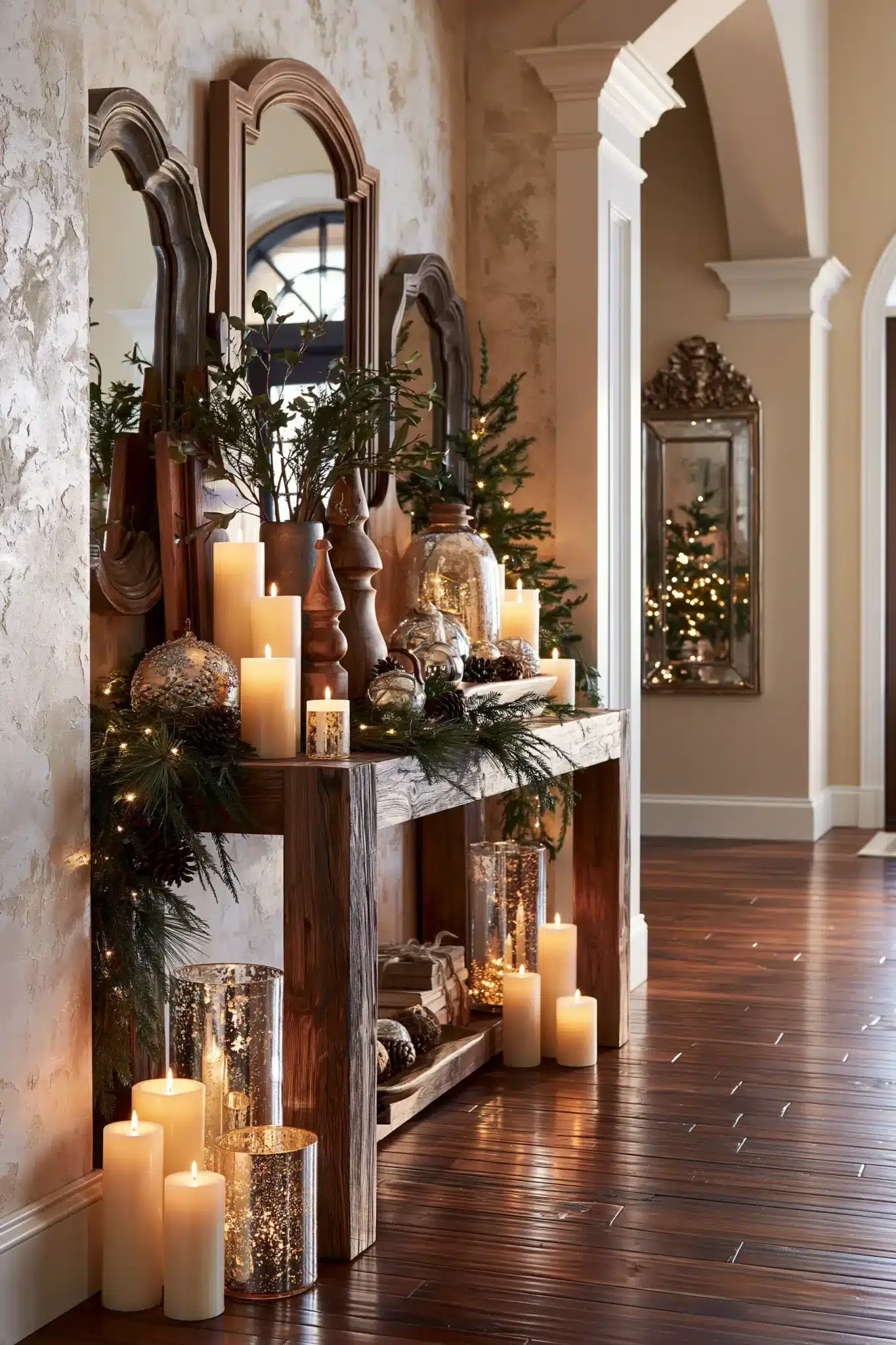 Candlelit Christmas entryway table with candles, greenery, ornaments, and warm light