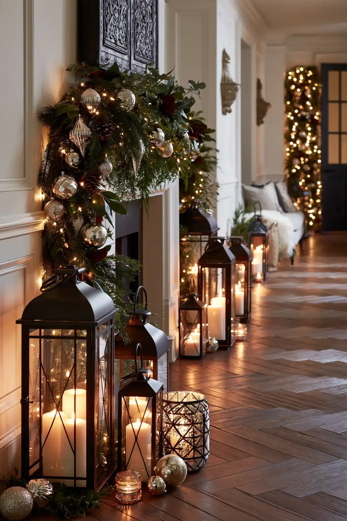 Cozy hallway lit with candles, lanterns, and soft Christmas greenery