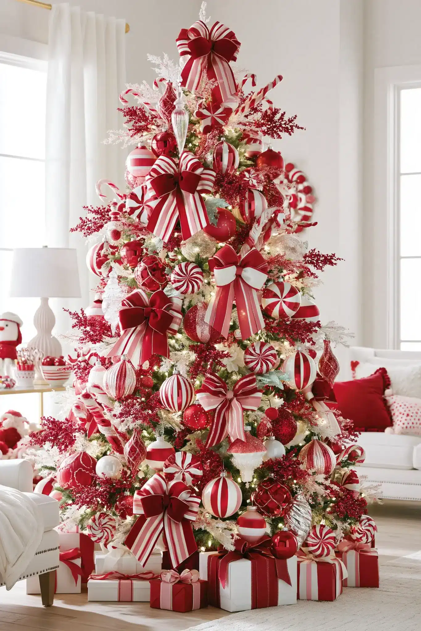 Candy cane themed Christmas tree with red and white ornaments, peppermint details, and striped ribbon