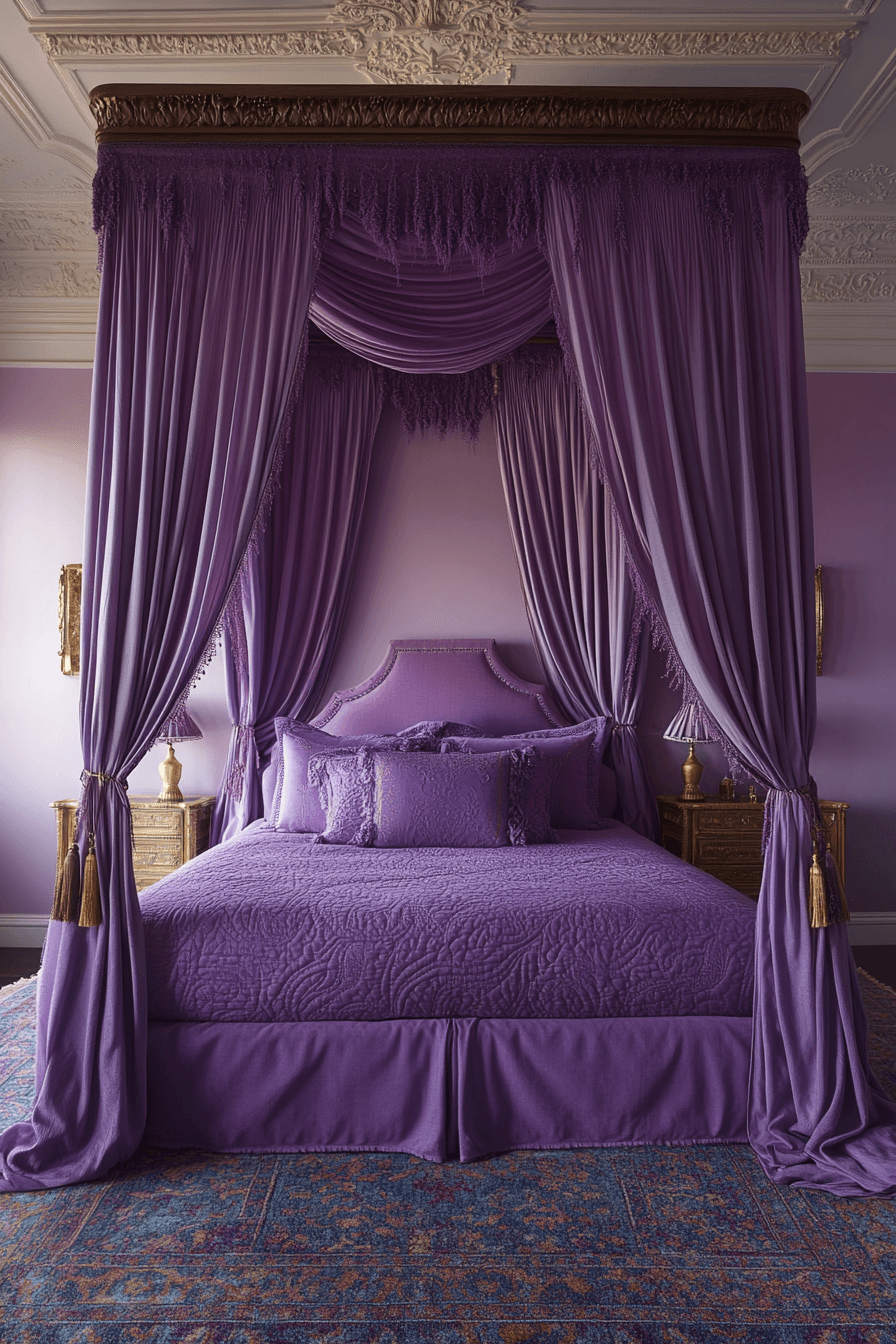 Purple canopy bedroom with draped fabric, cozy bedding, and soft lights