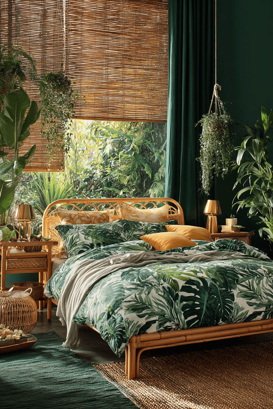 Tropical bedroom with bold leaf patterns, layered greenery, and natural woven furniture