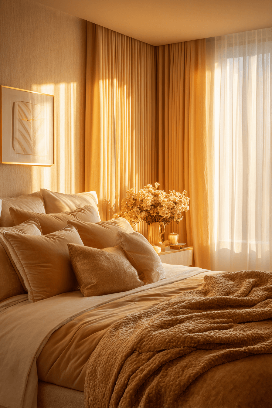 Golden hour inspired bedroom with honey tones, velvet textures, and brass details