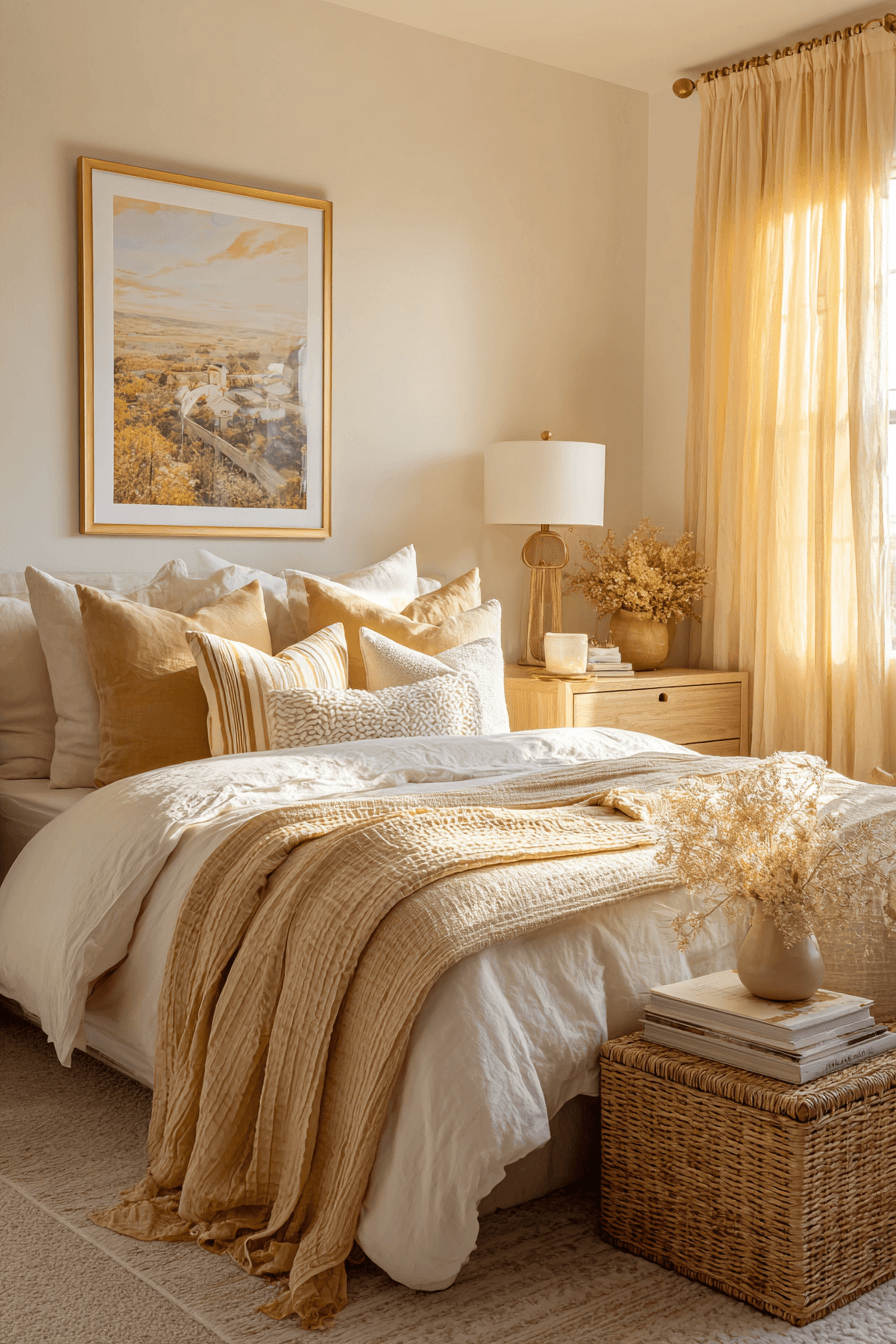 Warm bedroom with golden hour lighting, sheer curtains, and cozy bedding