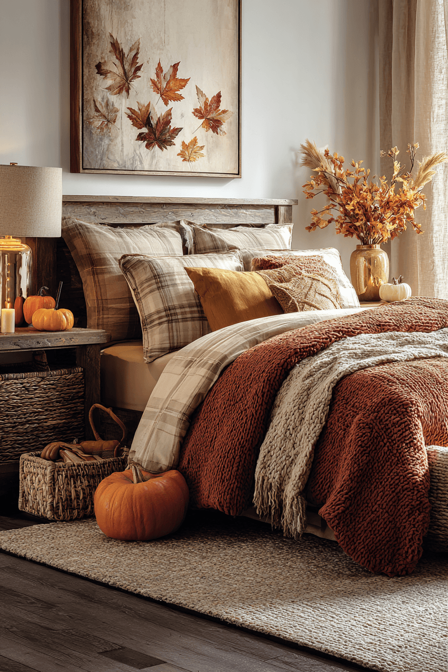 Autumn inspired bedroom with warm fall colors, plaid textiles, and wood accents