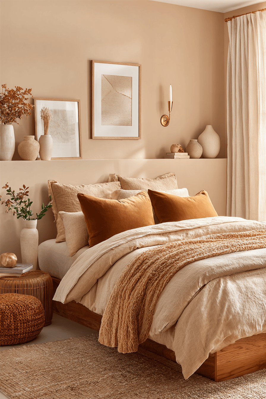 A cozy bedroom with caramel bedding, beige curtains, and warm wood accents