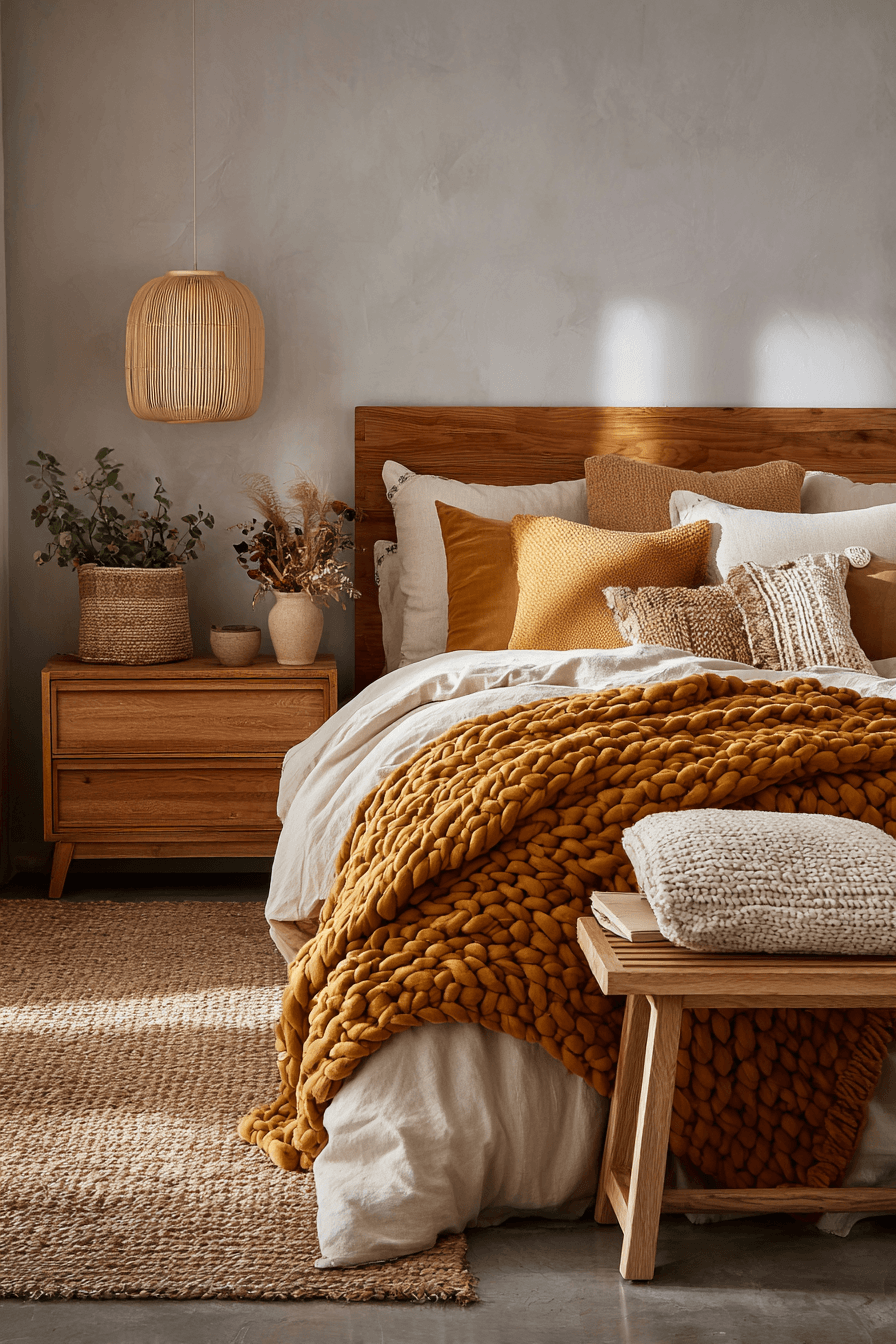 A cozy bedroom with caramel accents, layered bedding, and warm neutral tones.