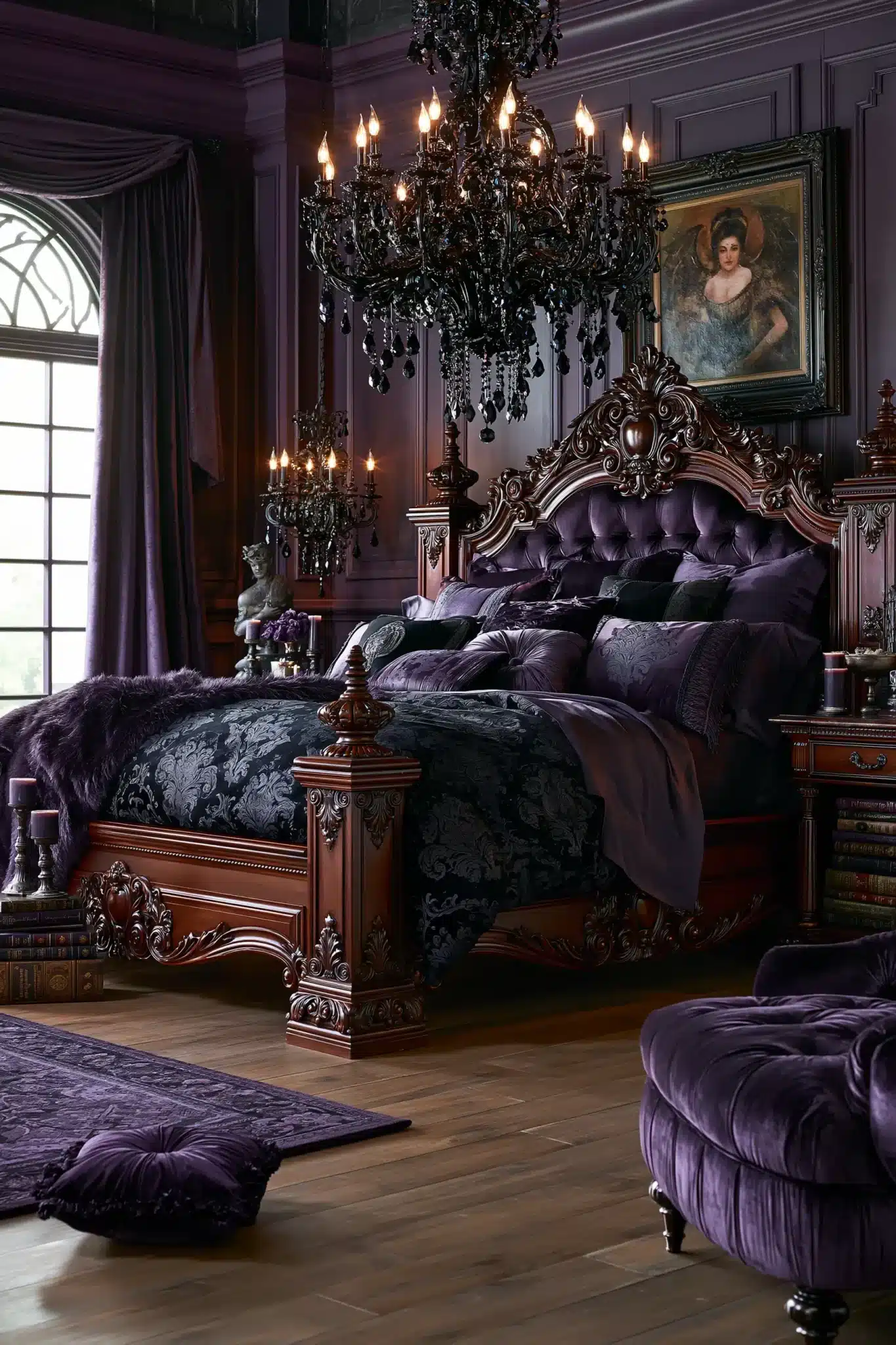 Purple gothic bedroom with carved wood furniture, deep purple bedding, and classic decorative accents.