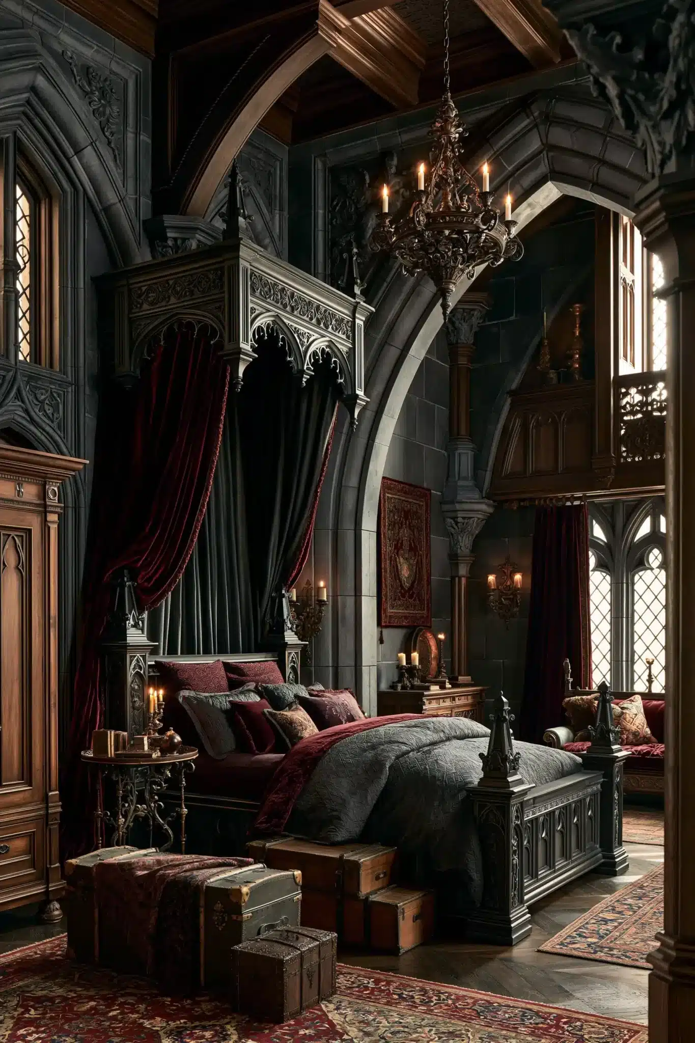 A castle-inspired gothic bedroom with a canopy bed and dramatic architectural details