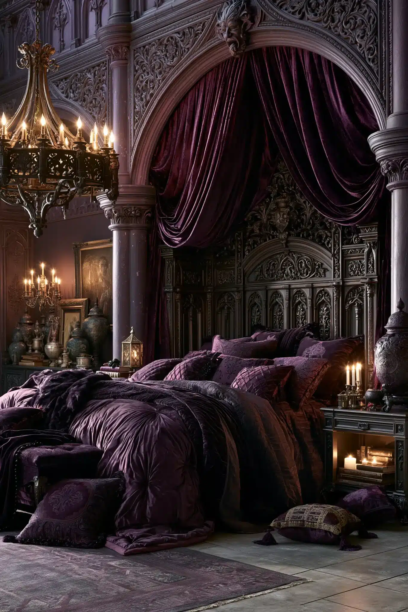Castle-inspired purple gothic bedroom with a tall headboard, carved details, and rich fabrics.