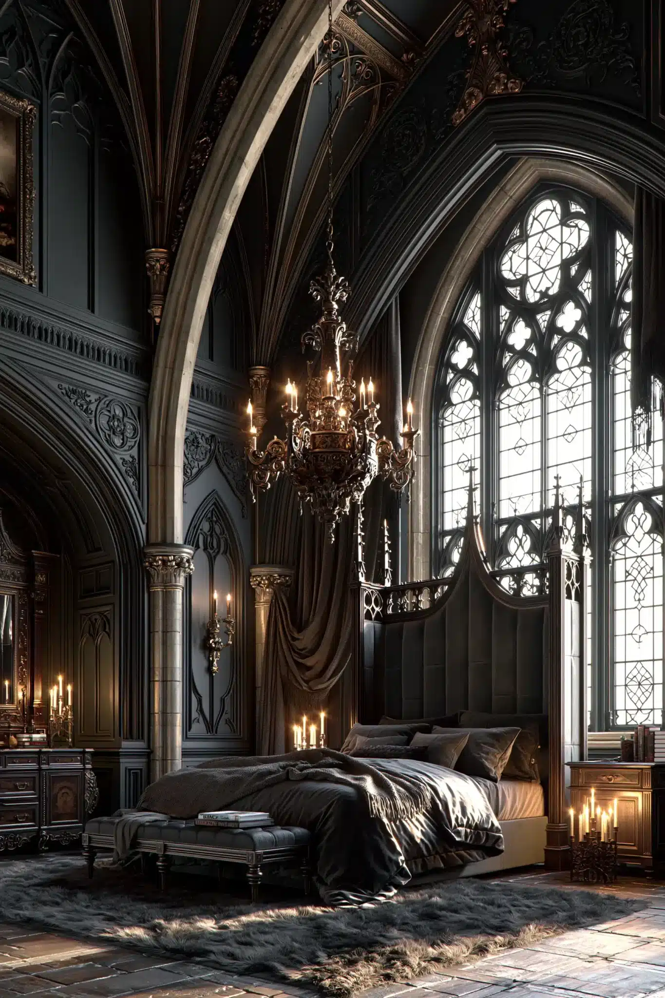 A cathedral-inspired gothic bedroom with arches, paneling, and dramatic height
