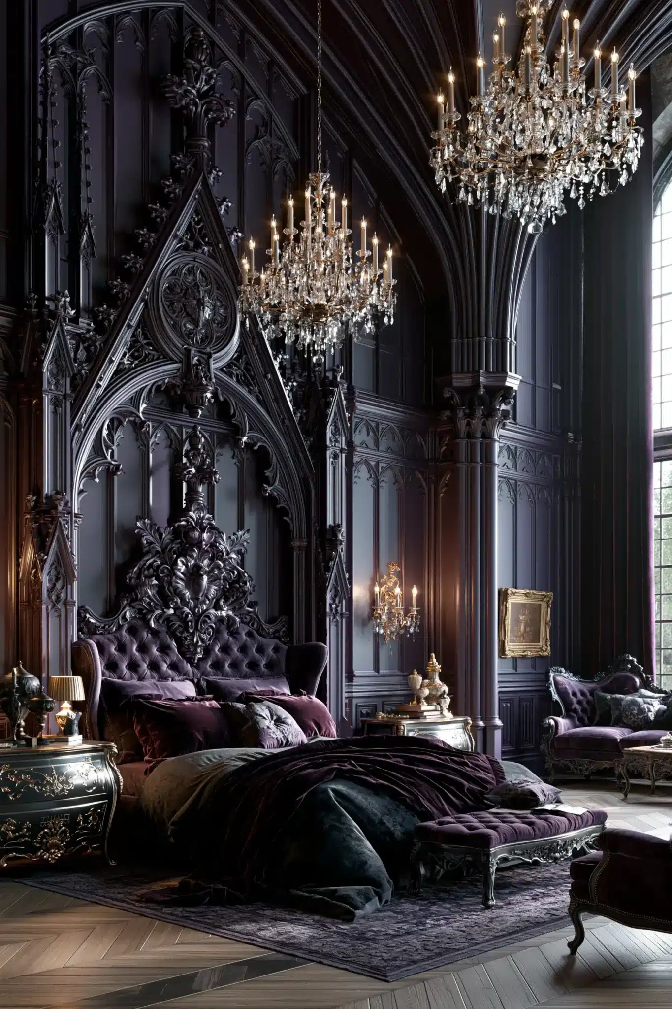 Purple gothic bedroom with cathedral-inspired height, tall furniture, vertical lines, and a chandelier.