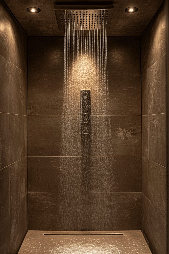 Small bathroom walk-in shower with a rainfall shower head mounted from the ceiling.
