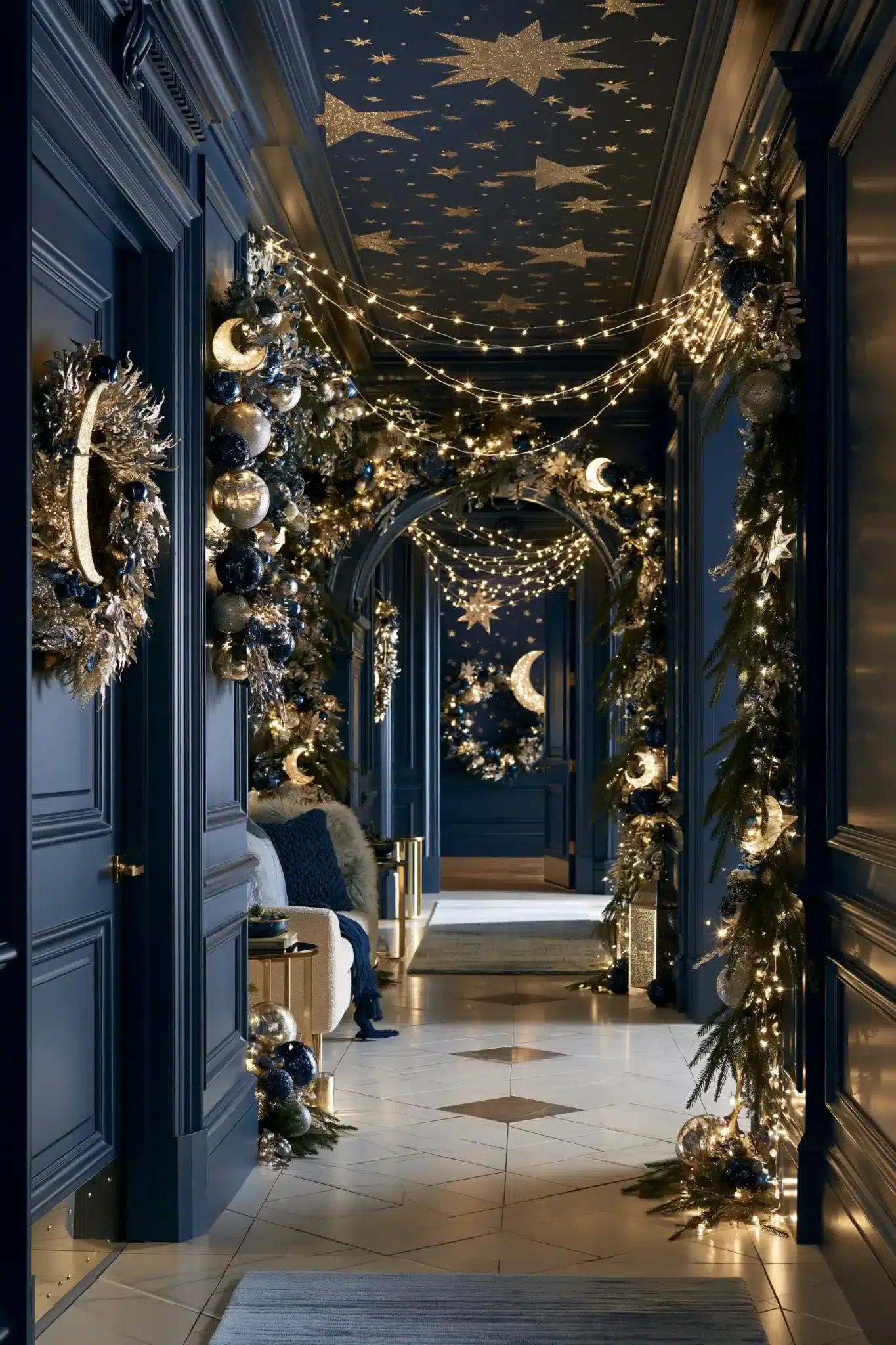 Hallway decorated with celestial Christmas stars, moon accents, and metallic details
