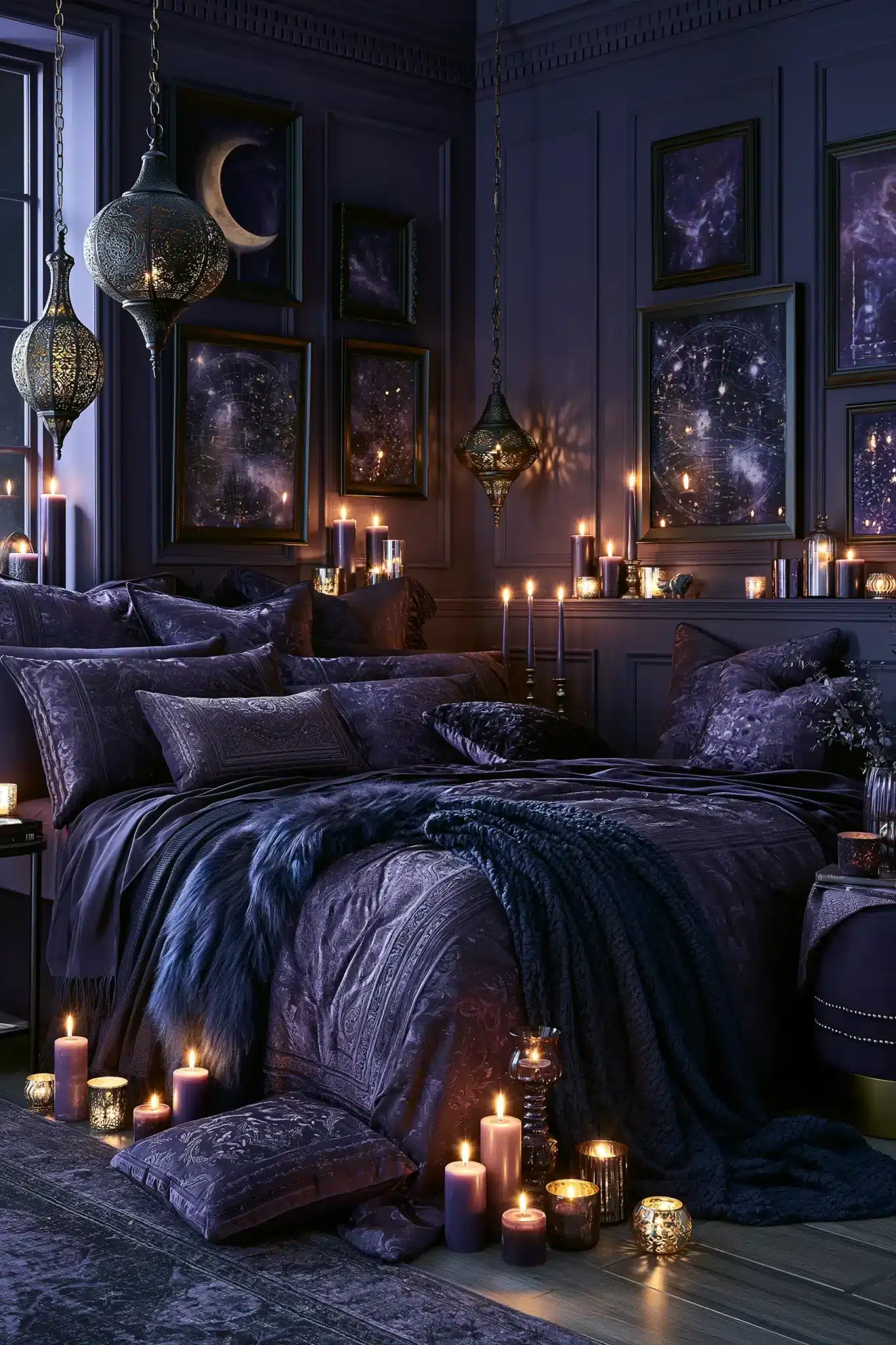 Purple gothic bedroom with celestial decor, candlelight, dark textiles, and a magical feel.