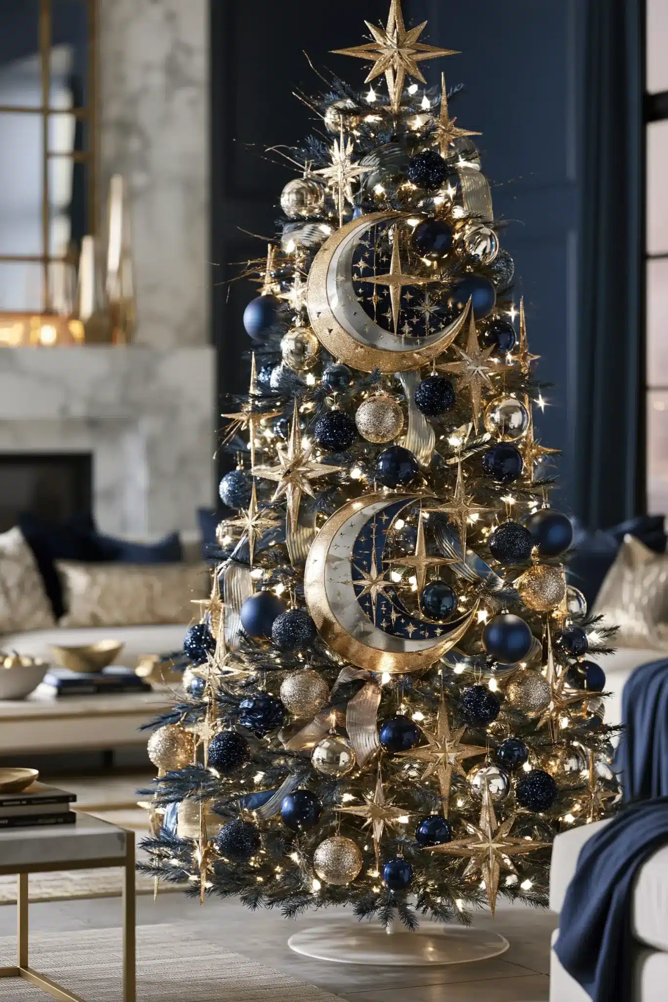 Celestial Christmas tree with stars, moons, midnight blue ornaments, and gold accents